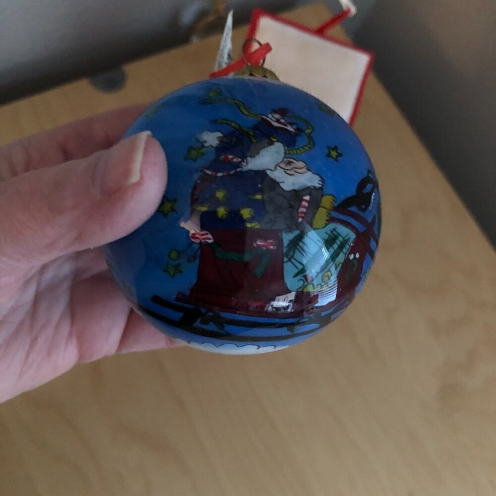 Vintage 1990's Bien Hand Painted Santa Sleigh Reindeer Christmas Glass Ornament